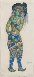 Kostuumontwerp voor het Ballet Blauwe God door R. Hahn, 1911