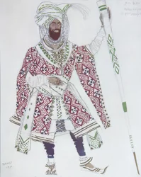 Kostuumontwerp voor het ballet Blauwe God door R. Hahn, 1912