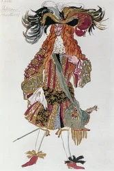 Kostuumschets voor Galisson, de leermeester van de prins, uit het ballet " La Belle au Bois Dormant " van Peter I (aquarel, potlood op papier)