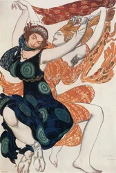 Kostuumschets voor twee Beotiaanse vrouwen, uit het ballet " Narcissus ", mythologisch gedicht met muziek vanN (aquarel, gouache, potlood, goud, zilver op papier)