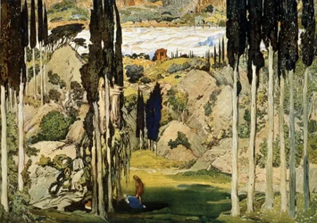 Decorontwerp voor het ballet Daphnis en Chloë van Maurice Ravel (1875-1937). Schilderij van Leon Bakst (1866-1924). Aquarel en gouache op papier, 74 x 103,5 cm