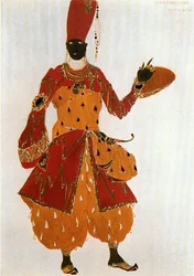 Eunuch, kostuumschets voor het ballet Sheherezade van Nicolai Rimski-Korsakov (aquarel en goud op papier)