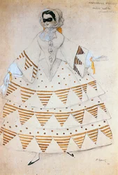 Noble Waltz, kostuumschets voor het ballet " Carnaval " met muziek van Robert Schumann (aquarel, krijt en gewassen op papier)