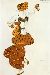 Odalisque, kostuumschets voor het ballet " Sheherezade " (aquarel en goud op papier)