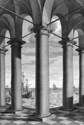 Over architectuur, een maritiem landschap verschijnt achter een gebouw ondersteund door arcades: een bord uit 