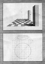 Verhandeling over architectuur, perspectief en meetkunde: plaat uit “De Architectura Libri decem” van Leon Battista Alberti (1404-1472), architect, wiskundige en Italiaans renaissancedichter, Londen