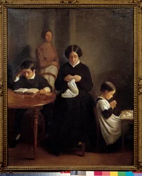 De familie van de kunstenaar. De jonge broer studeerde, terwijl de moeder en zus naaiwerk deden. Schilderij door Leon Bonnat (1833-1922) 1853 Bayonne, Musée Bonnat