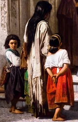 Jonge vrouw geeft aalmoes bij de ingang van de kapel van het San Sebastian ziekenhuis in Cordoba, detail