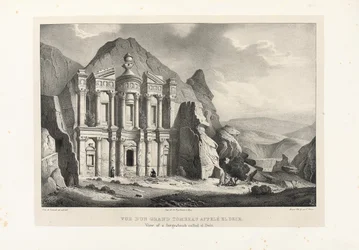 Uitzicht op een groot graf genaamd El Deir, Petra, 1830