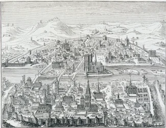 Groot perspectief van Parijs in 1607, gebaseerd op de gravure van Léonard Gaultier