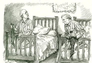 Arthur Balfour, conservatief, en Herbert Asquith, liberaal, met hun kerstkousen. Bij de algemene verkiezingen van december 1910 behaalde geen van beiden een absolute meerderheid. Asquith kon een coalitieregering vormen met de Ierse Nationale Partij.