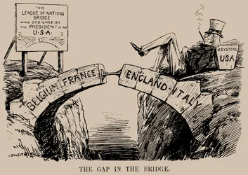 Het gat in de brug. Spotprent over de afwezigheid van de VS in de Volkenbond, dec. 1919.