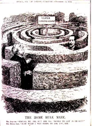 Het Home Rule Doolhof. Mr Asquith: "Pardon, meneer, maar probeert u erin of eruit te komen?" Mr. Bonar Law: "Precies wat ik u wilde vragen, meneer" uit 
