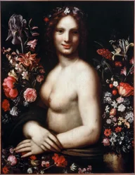Buste van een jonge vrouw genaamd Flora (Flora) tussen de bloemen