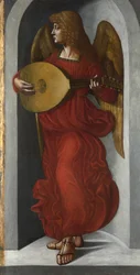 Een engel in rood die luit speelt