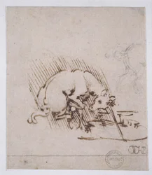 Eenhoorn dompelt zijn hoorn in een waterpoel, ca. 1481