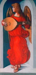 Een engel in rood met een luit, 1490-1499