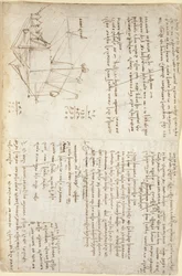 Notities en schematische schets van een mechanische graafmachine in perspectief (zijaanzicht), c.1503-5