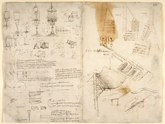 Schetsen van scharnierende lampen; aantekeningen over mechanica; wiskundige berekeningen; geometrische schetsen
