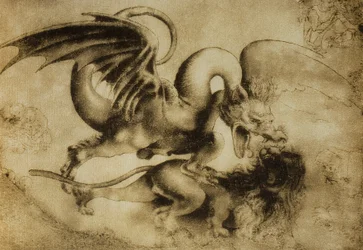 Draak die een leeuw doodt, tekening van Leonardo da Vinci. Gabinetto dei Disegni e Stampe, Galleria degli Uffizi, Florence