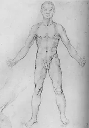 Naakte man met uitgestrekte armen, gezien van voren, ca. 1480