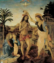 De Doop van Christus rond 1475-1478 door Andrea del Verrocchio (1436-1488) en Leonardo da Vinci (Leonardo van Vinci) (1452-1516)
