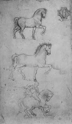 Twee studies van een paard en een van een paard en ruiter