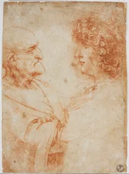 Twee mannelijke profielen, een oude man en een jonge man - De jonge man stelt Gian Giacomo Caprotti voor, genaamd Andrea Salai of Salaij (circa 1480-1524), leerling en minnaar van Leonardo - Roodkrijttekening van Leonardo da Vinci (Leonard de Vinci)