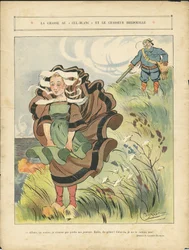 Illustratie van Leonce Burret (1865-1915) in Le Rire, 03/09/10 - De jacht op de witte cul-blanc en de nepjager - Platteland, Vrije tijd, Natuur Vegetatie, Jacht jager, Maritiem Marine Balneaire - Boeren, Landbouwers