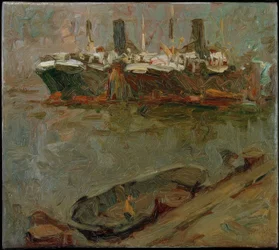 Schuit aan de pier, twee passagiersschepen op de achtergrond