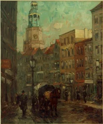 Straat met paardenkoets, kerktoren op de achtergrond