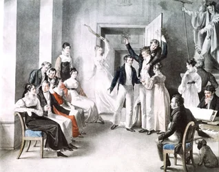 Muzikale bijeenkomst van Schubertianen. Schubert zit in de stoel rechts