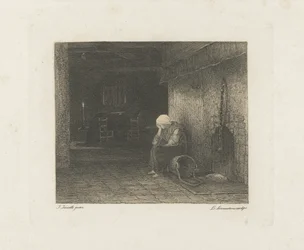 Interieur met vrouw bij de openhaard