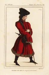 Pierre de Rieux, heer van Rochefort 1389-1439. Handgekleurde lithografie naar een portret in Roger de Gaignieres