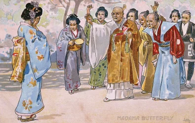 Ansichtkaart gemaakt voor de première van "Madame Butterfly", in Brescia