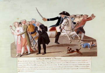 Franse Revolutie van 1789: Prins van Lambesc bij de Tuilerieën op 12 juli, poging om de eerste demonstraties van de revolutionairen te onderdrukken.