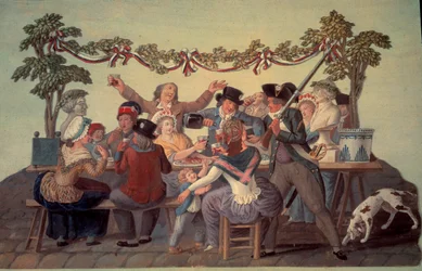 Franse Revolutie van 1789: De Republikeinse Maaltijd. Gouache van de gebroeders Lesueur (18e eeuw)