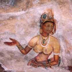 Apsaras, hemelse nimf die een offer brengt, fresco, versterkte citadel van Sigiriya (UNESCO Werelderfgoedlijst)
