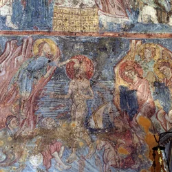 Doop van Jezus, fresco in kerk in Alikampos, Kreta, Griekenland