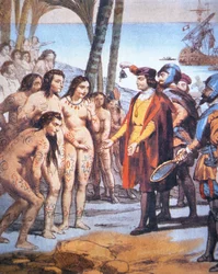 Christopher Columbus landt in de Nieuwe Wereld in 1492 en wordt begroet door Taino Indianen