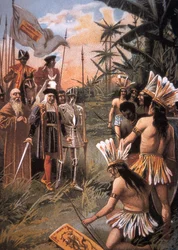 Columbus landt in de Nieuwe Wereld en ontmoet de Indianen