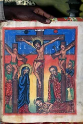 Kruisiging, manuscript in museum van de Kerk van St. Maria van Zion (17e eeuw), Aksum (Unesco Werelderfgoedlijst)