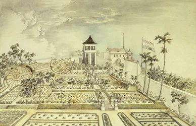 Nederlands huis met omheinde tuin op Java-eiland, Indonesië, gravure