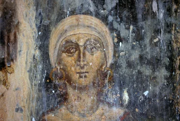 Vrouwelijke figuur, fresco in Byzantijnse kerk van Agios Athanasios, Kefali, Kreta, Griekenland (foto)