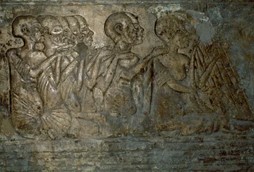 Buitenlandse gasten die geschenken aanbieden aan Koningin Nefertiti, Bas-reliëf uit het graf van Merire, Necropolis van Tell el-Amarna, Egypte, Egyptische beschaving, Nieuwe Koninkrijk, Dynastie XVIII