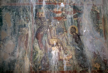 Jezus en voetwassing, fresco in Byzantijnse kerk van Agios Athanasios, Kefali, Kreta, Griekenland (foto)