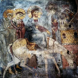 Jezus die Jeruzalem binnenkomt op een ezel, fresco