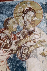Jezus, fresco in Byzantijnse kerk van Agios Georgios, Vathi, Kreta, Griekenland (foto)