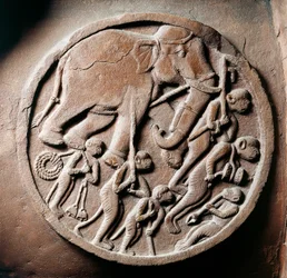 Medallion met apen en olifanten, reliëf van Stupa van Bharhut, boeddhistisch monument, Madhya Pradesh, India, Indiase beschaving, 2e eeuw v.Chr.