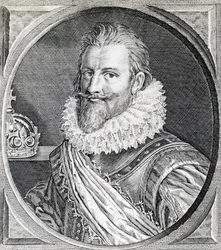 Portret van Christian IV, koning van Denemarken en Noorwegen (gravure)